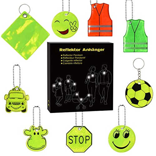 DealKits 16 PCS Sicherheits Reflektor Anhänger, Kinder Reflektor Anhänger, Schlüsselanhänger, Sicherheitsreflektor mit Ketten für Rucksack Jacken Fahrrad Joggen Kinder & Erwachsene-8 Formen