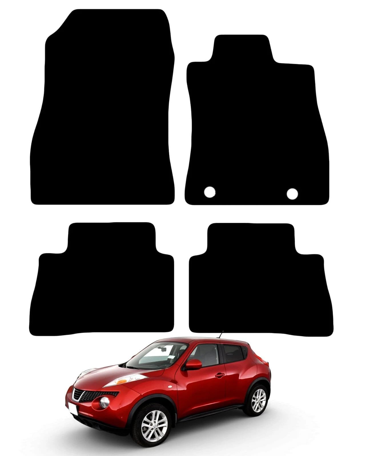 Carsio Carpet Car Mats For Nissan Juke 2010 to 2019 4 Piece Set With 2 Clips Tailored Fit Floor Mat Complete Accessory Black Custom Fitted - All Weather, Anti-Slip Backing & Black Trim