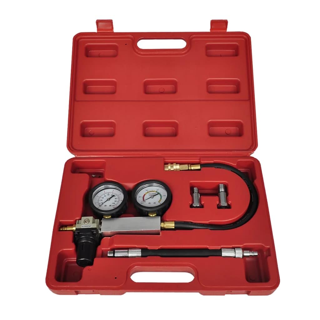 Mangloder - Kit di rilevatore di perdite per cilindri e motori, strumento diagnostico con manometro, adattatore, tubo, valigetta robusta, adatto per motori a benzina, officina, riparazione