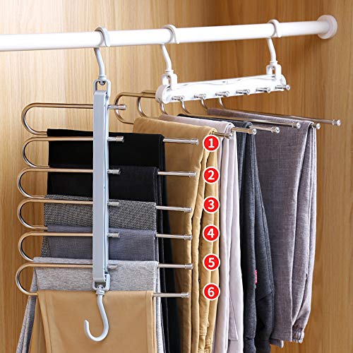 Space Saving Pants Hangers, 6 Layers Stainless Steel Rack Hanger, Non-Slip 6 In 1 Multifunctional Trouser Rack (White) #TOP1