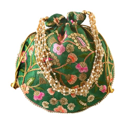 Image of Handcrafted Potli Purse with Golden Floral Embroidery and Pearl Accents