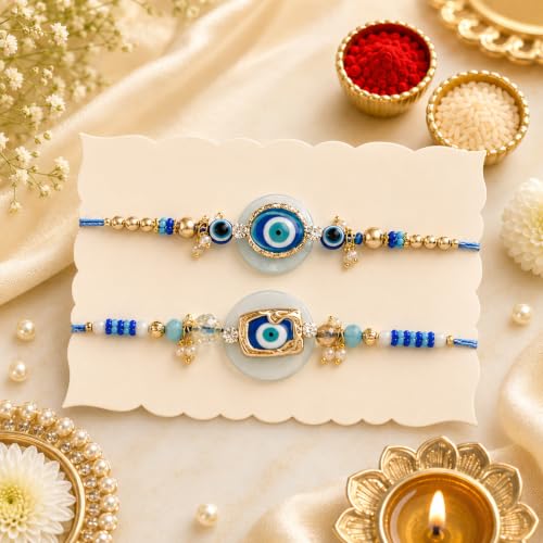 Image of CraftVatika Evil Eye Rakhi Set of 2 for Brother Boy Men, Premium Rakhi for Bhaiya Brother, Designer Rakhis for Rakshabandhan Traditional Raki with Best Wishes and Tillak Set, Rakies for Rakshabandhan