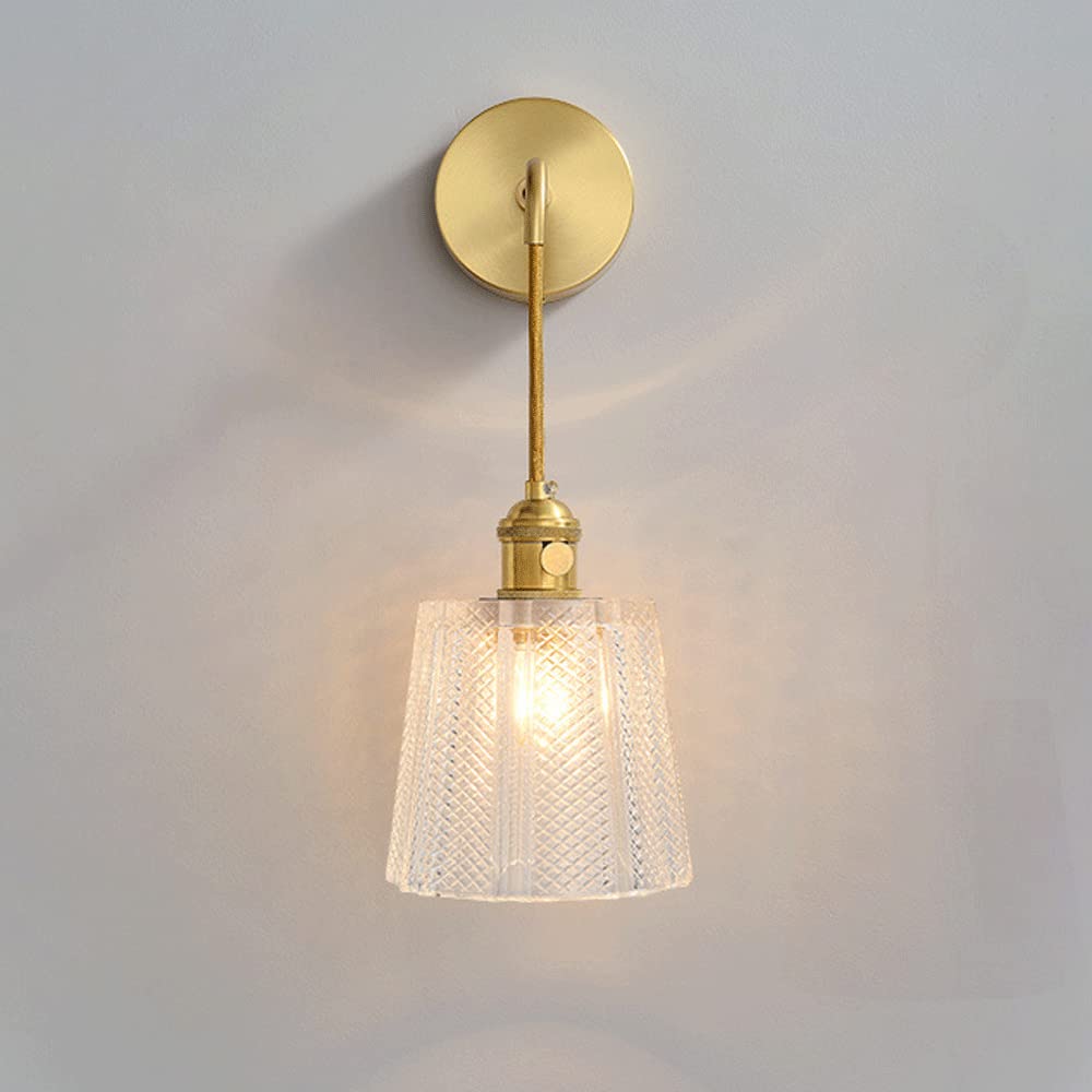 KXEcoLife Contemporary Brass Gold Wall Sconce Light, Indoor Light with Patterned Glass Lampshade, Adjustable Hanging Lamps for Bedroom Bedside, E27 Lighting Fixture