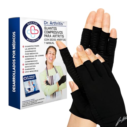 Dr. Arthritis Guantes Sin Dedos de Compresión Desarrollados por Médicos - Muñequera Tendinitis Pulgar Con Cobre - Incluyen Un Par y Manual Sanitario (Idioma Español No Garantizado)