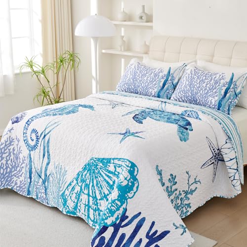Evenhug Coastal Quilt Set Queen Size Reversible Summer Ocean Beach Themed Bedding With Pillow Shams Lightweight Blue Nautical Coral Seahorse Bedspread Coverlet For All Season 3 Piece thumb #3