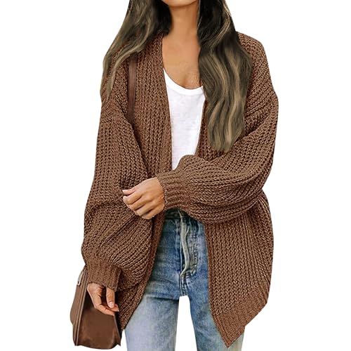 Womens Chunky Cardigan Sweaters Lantern Sleeve Casual Oversized Open Front Knitted Sweater Y2k Cozy Button Down Knitwear Brown