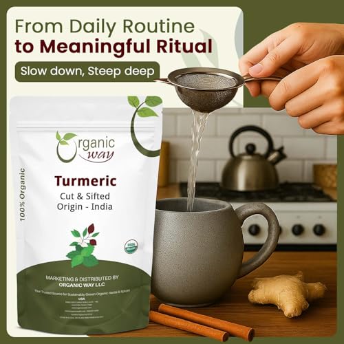 Organic Way Turmeric/Haldi Root Cut & Sifted (Curcuma Longa) - Herbal Tea | Kosher & USDA Certified | Vegan, Non-GMO & Gluten Free | Tested for Heavy Metal and Purity | Raw from India (1LBS / 16Oz.)