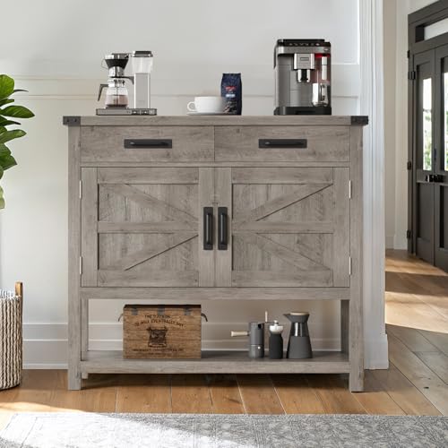 Farmhouse Console Table with 2-Door Cabinet & 2 Drawers, Coffee Bar, Entryway Table with Storage Shelf, Sofa Tables Buffet Sideboard for Kitchen, Hallway, Dining, Living Room, Grey