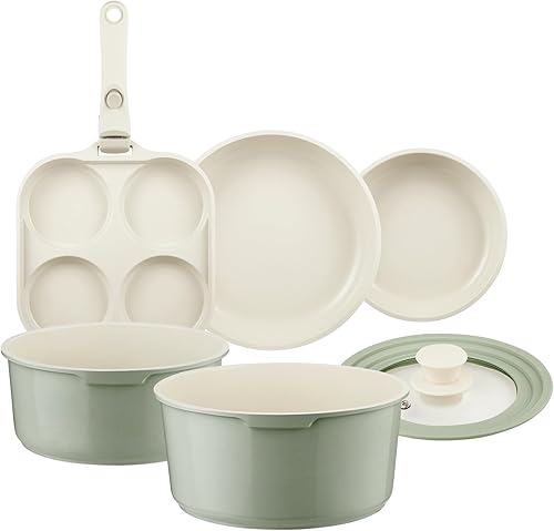 Miniatura 8 de Juego de ollas y sartenes de cerámica antiadherente, juego de 7 piezas de utensilios de cocina antiadherentes con mango desmontable, juego de Rosa