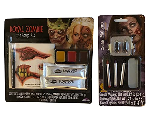 Royal Zombie Halloween Makeup Kit with Extra Makeup. Includes Two Grease Makeup Trays, Sponge, Liquid Latex, Blood Capsule and Bloody Scab. Includes 3 Tattoos