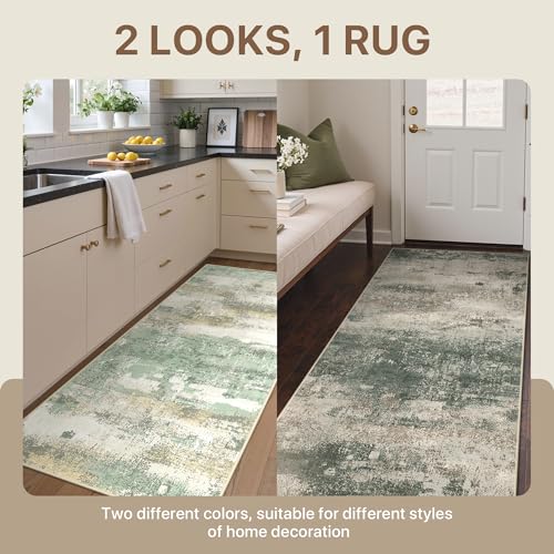 Image of BEIMO Reversible 2'6 inchx6' Runner Rugs for Hallway, Modern Abstract Dual-Sided Runners for Entryway, Machine Washable Soft Low Pile Kitchen Runner, Includes Non-Slip Rug Pad, Green & Grey