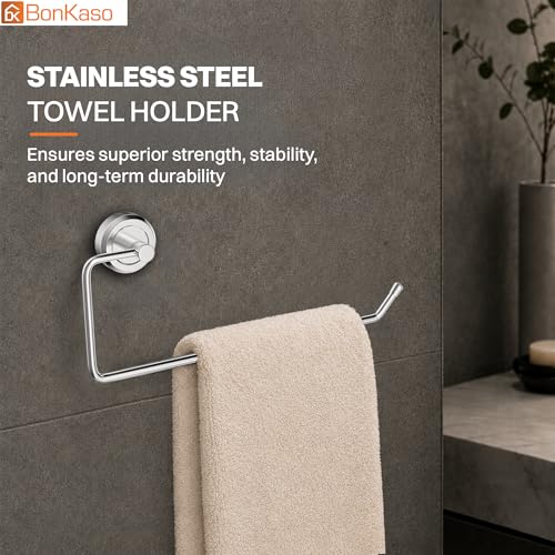 Image of BonKaso Stainless Steel Towel Ring Holder for Bathroom, Half Cut Wall Mount Towel Hanger with Chrome Finish, 14 cm Space Saving Towel Stand for Wash Basin and Kitchen with Screw Plugs, Pack of 1