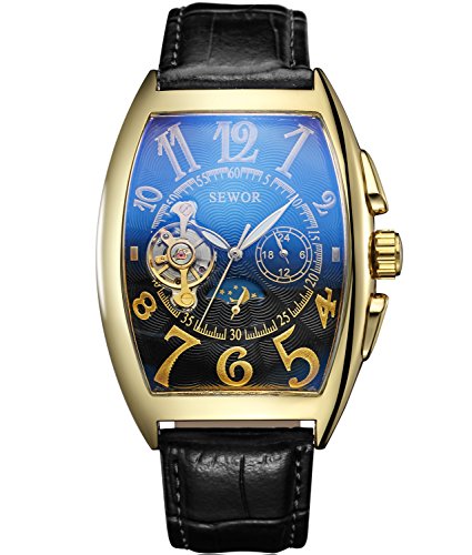 Preisvergleich Produktbild SEWOR Luxury Tourbillon Herren Mondphase automatische mechanische Armbanduhr Lederband Glasbeschichtung blau