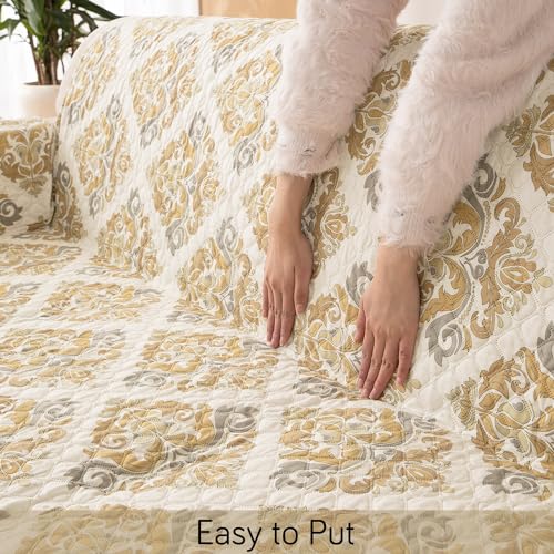 Image of HOKIPO 'VivaCasa Series' Polyester 2 Seater Quilted Sofa Cover with Pockets, Damask Beige (IN-739-D4)