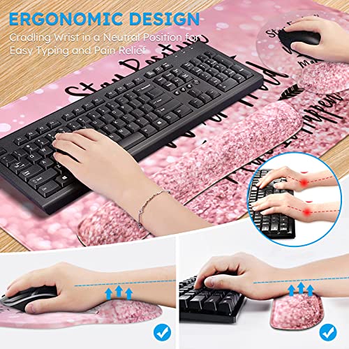 Icasso Desk Mat, Gaming Mouse Pad Wrist Support Set,4In1 Xxl Large Mousepad + Keyboard Wrist Rest+Mouse Wrist Rest+Coaster Set With Ergonomic Design For Home Office Table Computer-Pink Stay Positive #TOP2