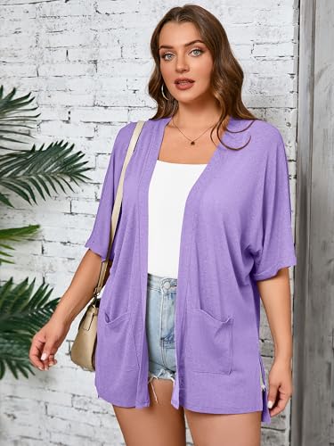 Image of AusLook Plus Size Cardigan for Women Short Sleeve Lightweight Open Front Shrug with Pockets for Dresses and Layering 1X-5X