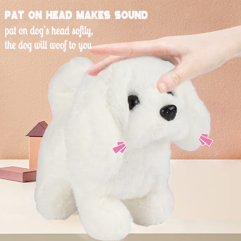 Hopearl Laufender Hund Bichon Interaktiv Elektronisches Haustier Plüsch Spielzeug Welpe Wuff und Bewegend Animiert Nickender Kopf Geschenke für Kleinkinder Geburtstag, Weiß, 18 cm
