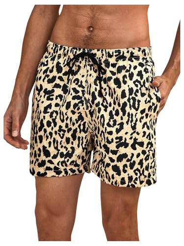 SHENHE Men's Cheetah Print Swim Trunks Drawstring Waist Straight Leg Y2k Beach Board Shorts