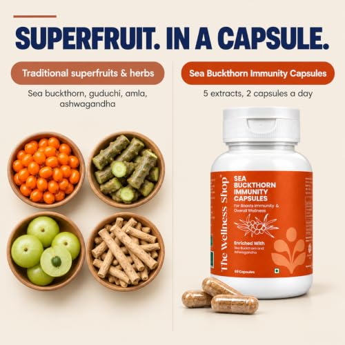 Image of The Wellness Shop Sea Buckthorn Capsules | Omega 3, 6, 7 & 9 + Ashwagandha | Boost Immunity, Improve Metabolism & Liver Health | Ayurvedic Supplement for Skin & Hair | 60 Count