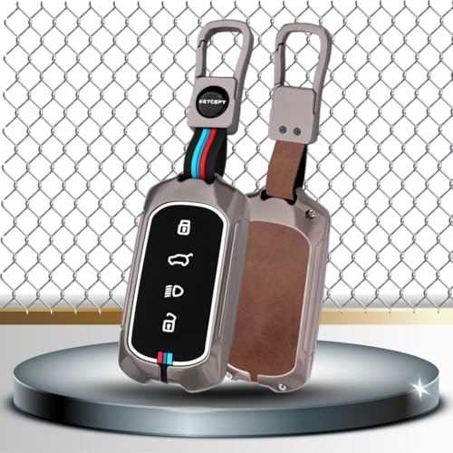 Image of KEYCEPT Metal Alloy Key Cover Compatible for Tata Curvv, Curvv EV Smart Key with Keychain (Dual Black & Tan).