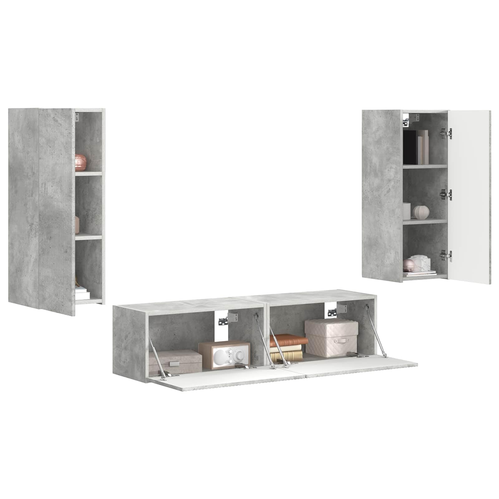 TV-Schrankset Wandmontiert 2-teilig, Beton Grau Holzwerkstoff, Modernes Media Center für Wohnzimmer, Elegante Aufbewahrung, Platzsparend