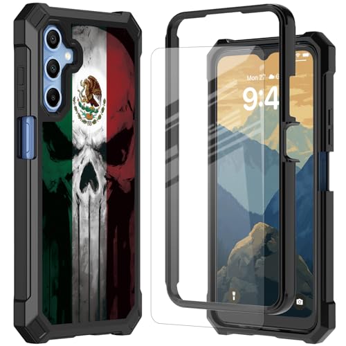 Coque Samsung Galaxy A15 5G avec verre trempé intégrale protection motif crâne drapeau mexicain