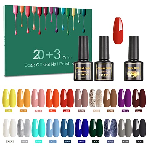 TORMAY Vernis Semi Permanent 23 Pcs (20 Couleurs + 3 Base et Top Coat), Lot Vernis Gel Semi Permanent UV LED Vernis à Ongles Gels Semi-permanents Soak Off Gel Nail Polish 8 ML