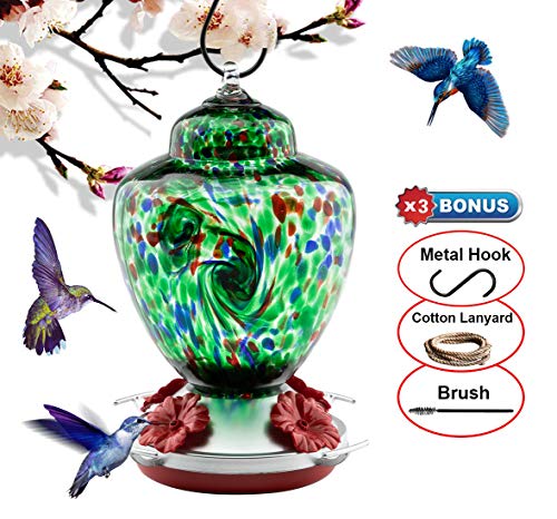 REZIPO Hummingbird Feeder with Perch - Hand Blown Glass - Red - 22