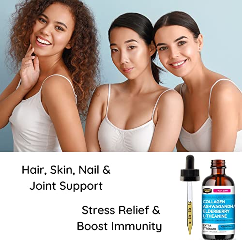Collagen Mojo Liquid Collagen Peptides With Ashwagandha, Elderberry & L-Theanine. High Potency And Absorption Formula. Hair, Skin, Nail + Joint Support. Stress Relief & Boost Immunity 2 Oz. #TOP5
