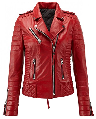 Veste de moto courte en cuir véritable femme Brando blouson asymétrique rouge vin taille XS