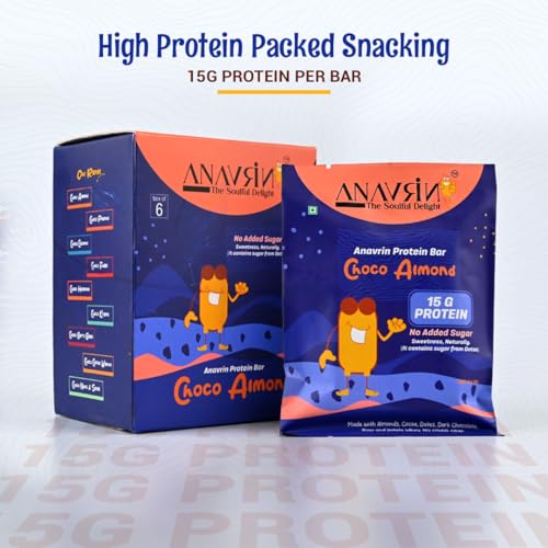 Image of ANAVRIN Choco Almond Protein Bar - 15g Protein, 5g Fibre with Goodness of Dates (6 Bars x 50gm) No Added Sugar, No Soy, No Preservatives Gluten Free Energy Bar, Healthy Snack
