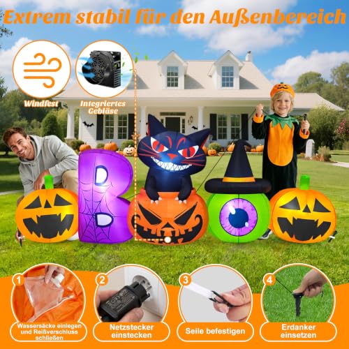 Danxilu 2,4m Halloween Deko Aufblasbar Kürbis mit Schwarzer Katze & Grünen – Ansicht 4