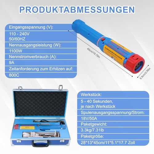 1100W Magnetische Induktionsheizgerät, Flameless Induction Heater, Induktions Heizset mit 8 Induktionsspulen, Maximale Heiztemperatur 800°C, Zum Entfernen Von Rostigen Bolzen und Muttern, Blau