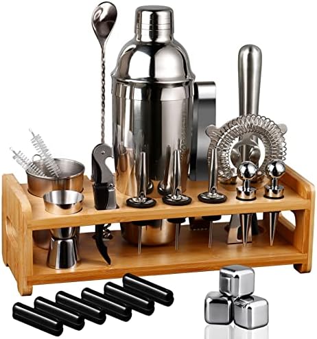 26-Piece Bartender Kit Cocktail Shaker Set | Stainless Steel Bar Set with Bamboo Stand Bar Tools Cocktail Kit for Father's Day Drink Mixing,Home,Bar,Party, Gift Bartending Kit(Silver)