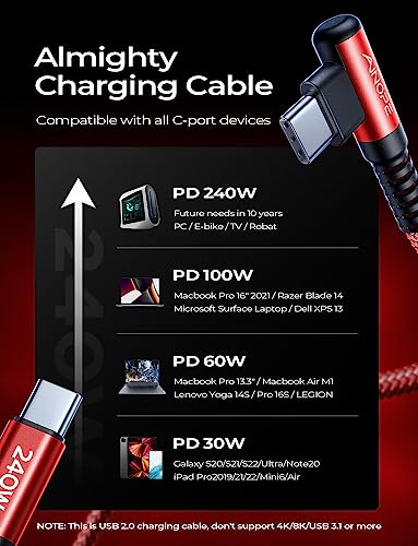 Image of AINOPE 240W High Speed USB C Cable [3.3ft] USBC to USBC Cable, Right Angle C to C Cable Fast Charging Compatible with iPhone 16 Charger Cord, iPad Pro,MacBook Air 2024 M4,Samsung Galaxy S24, Red