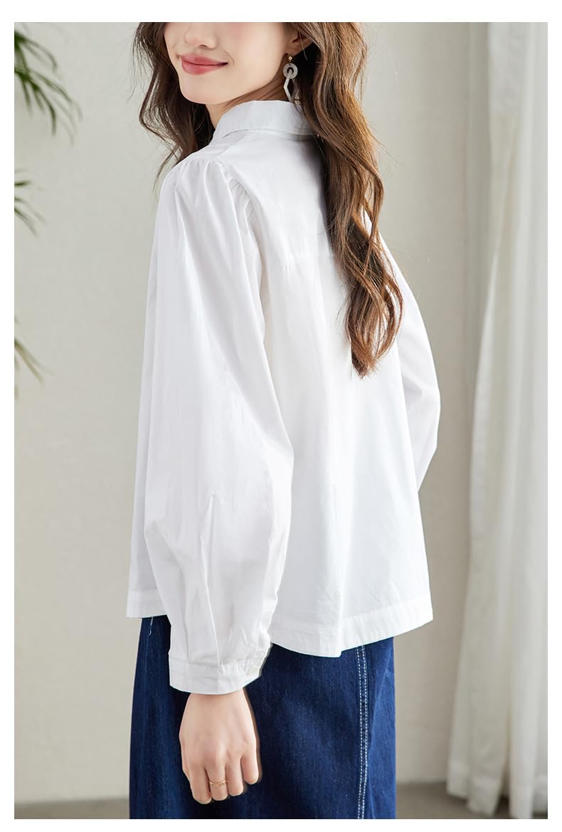 Camisas De Algodón De Manga Larga para Mujer, Blusa Tipo Túnica Blanca Transparente con Solapa, Botones Y Dobladillo Triangular, Informal, Holgada, para Uso Diario Y Verano.