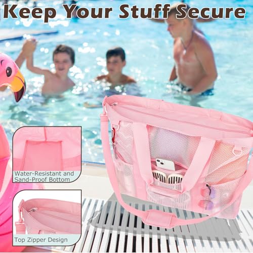 Image of Fammart Mesh Beach Bag for Women, Large Beach Toy Pool Bag with Zipper Pocket, SandProof Cruise Essentials 2026 Family Travel