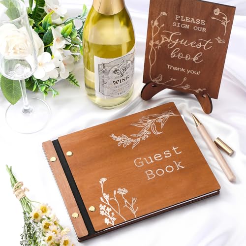 Image of Engrowtic Wooden Wedding Guest Book Set with Pen and Photo Stickers, 88 Lined Pages Keepsake Guest Book for Weddings, Celebrations, Memorial, 9x7 Personalized Guestbook in Hard Cover and Table Sign