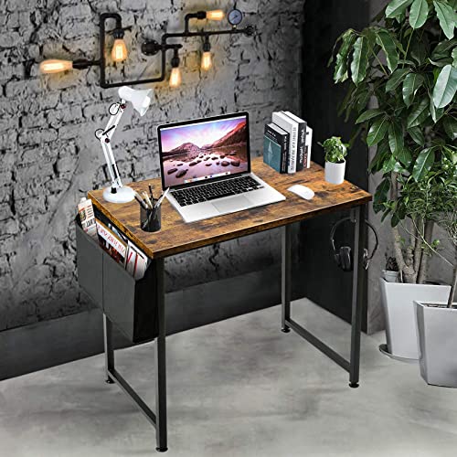 Lufeiya Small Computer Desk Study Table For Small Spaces Home Office 31 Inch Rustic Student Laptop Pc Writing Desks With Storage Bag Headphone Hook,Brown #TOP3