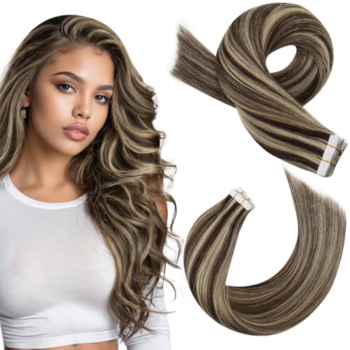 Image of Moresoo Tape in Hair Extensions Brown Highlighted with Blonde Real Hair Tape in Human Hair Extensions 18 Inch Glue in Extensions Real Human Hair Remy Straight #P4 /27 20pcs 50g