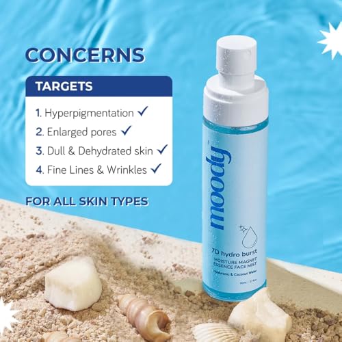 Image of Moody 7D Hydro Burst Hydrating Face Mist & Essence Toner with Hyaluronic Acid Vitamin B5 & Rice Water for Hydrated & Plumped Skin | Face Mist for Soothing And Pore Tightening | Alcohol-Free Toner for Glowing Skin |100% Vegan | 72 Hour Hydration,110ml