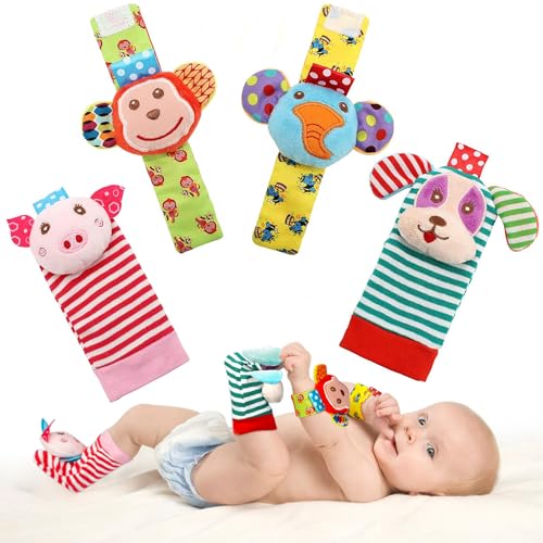 Image of SSK Soft Baby Wrist Rattle Foot Finder Socks Set,Cotton and Plush Stuffed Infant Toys,Birthday Holiday Birth Present for Newborn Boy Girl 0/3/4/6/7/8/9/12/18 Months Kids Toddler,4 Cute Animals
