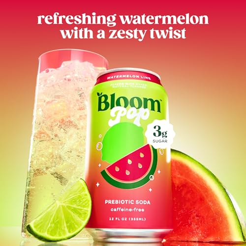 Image of Bloom Pop Prebiotic Soda, Gut Health Support, Watermelon Lime, 12 Pack | Watermelon lime flavor with clinically backed prebiotics for gut health, metabolism support and soda satisfaction.