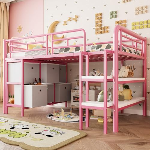 Sapgaks Lit Enfant 90x200 avec rangements,lit Mezzanine Enfant en métal avec Larges escaliers,tiroirs et étagères,Cadre de lit mi Hauteur 90 x 200 avec sommier à...