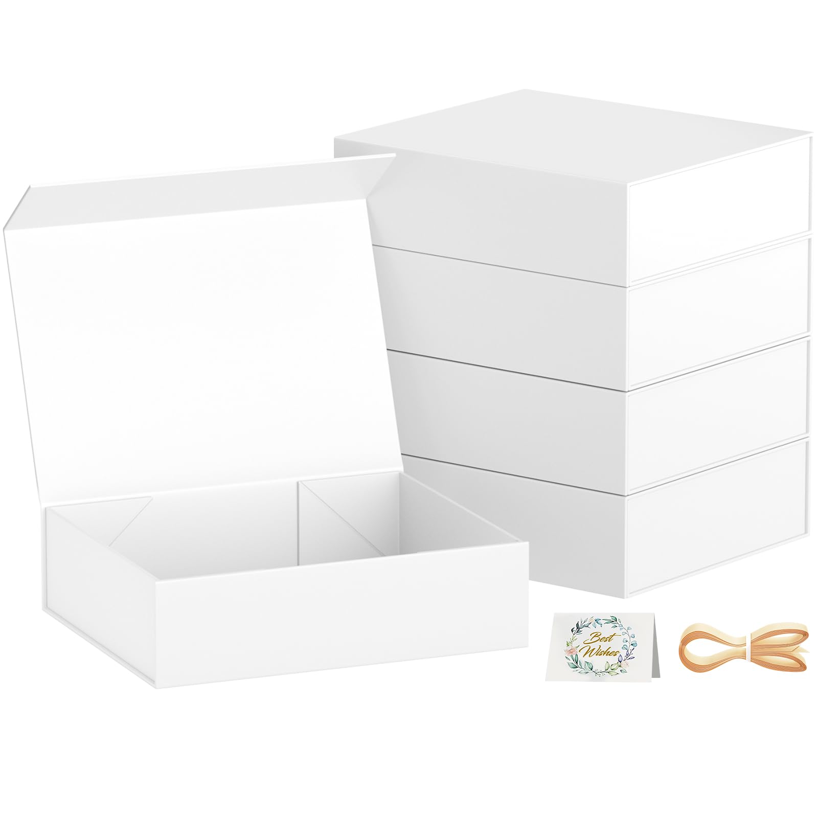 PSHVYM Gift Boxes with Lids, 11.5x7.8x3 In White Gift Box for Presents Magnetic Closure for T-Shirts, Gloves, Scarves, Books, Baby Clothes, Clothing Gift Wrap, Contains Card, Ribbon (5PACK)