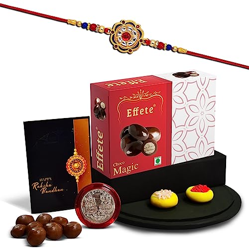 Image of DeoDap Fancy Rakhi Gift Combo with 32gm Chocolate, Pooja Thali, Roli Chawal, Pooja Coin & Greeting Card for Brother - Multi-Colour