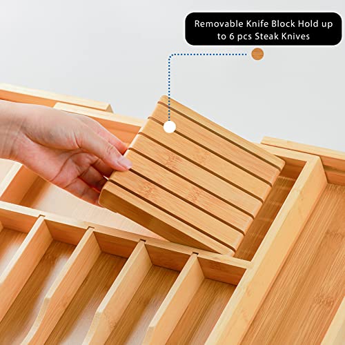 Expandable Bamboo Kitchen Drawer Organizer, Wencrfat Silverware Drawer Organizer With Removable Knife Block And Dividers, Flatware Utensil Cutlery Organizer For Drawer Tray(6-8 Slots) #TOP2
