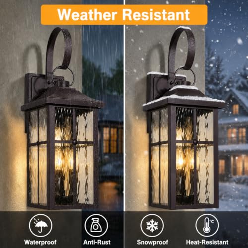 Image of 2 Pack Dusk to Dawn Outdoor Wall Lights, 23.9 inch Brown | Waterproof Exterior Lantern with Water Ripple Glass, Modern Wall Light Fixture Mounted, Large Outside Light for Garage Patio