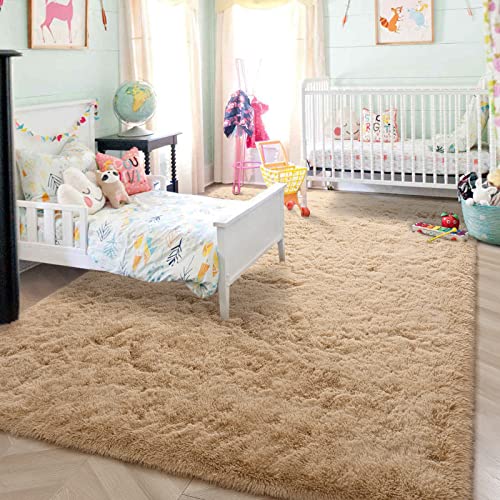 HOMORE Luxury Fluffy Area Rug 8x10 Feet Modern Shag Rugs for Bedroom Living Room, Super Soft and Comfy Carpet, Cute Carpets for Kids Nursery Girls Home, Light Tan