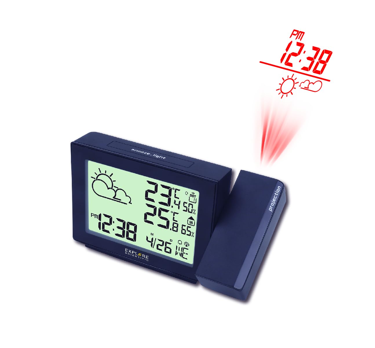 Explore Scientific RPW3005, Orologio a Proiezione, con Meteo, Radiocontrollato, Barometro, Visualizzazione Temperatura Interna ed Esterna con Sensore, Blu